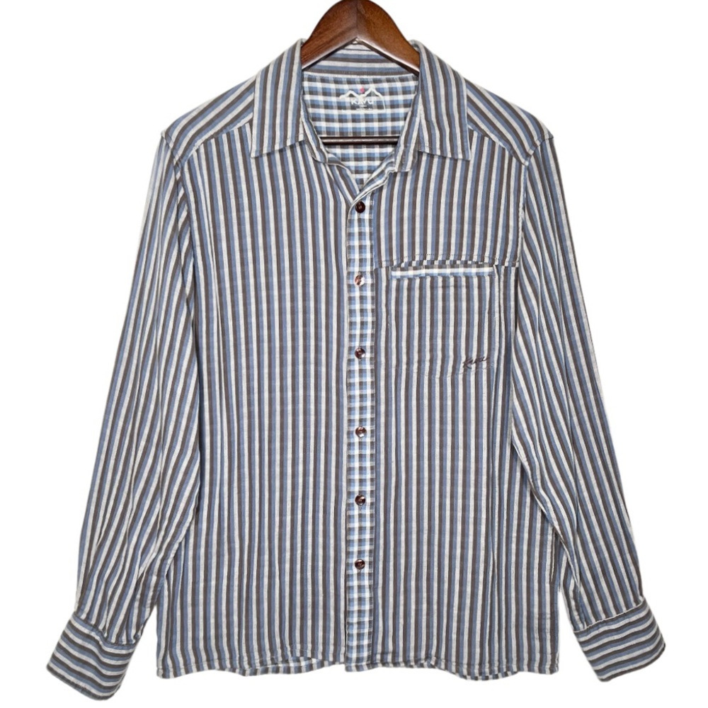 Kavu Mens Striped Brown Blue Logo Outdoor Casual Long Sleeve Buttondown Shirt